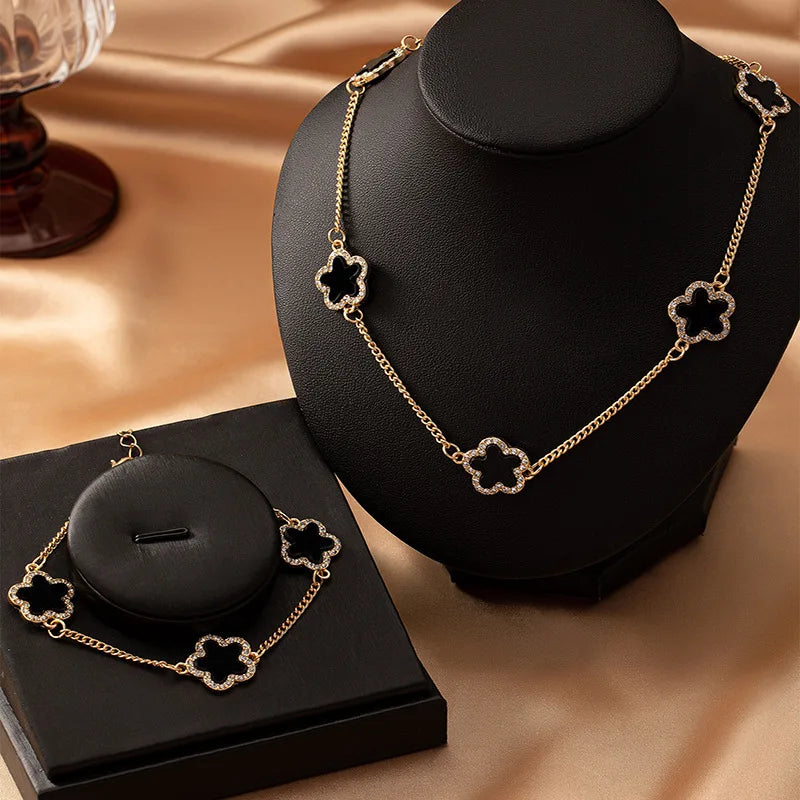 Jewelry Sets For Women Geometric Glass Enamel Flower Necklace Bracelet Two-piece Set Party Gift OL Holiday S018