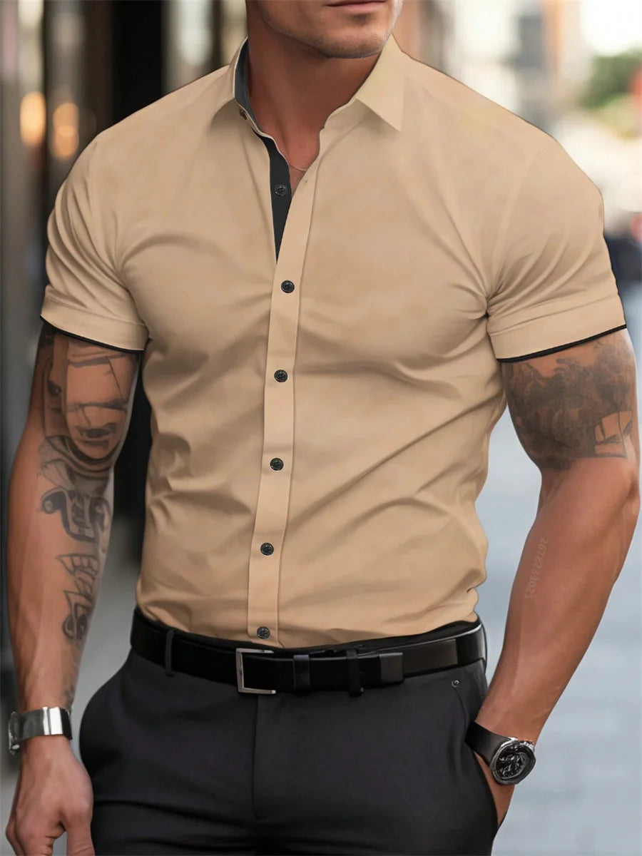 Men's short-sleeved shirts for casual daily wear. Large men's summer slim, light, elastic and iron-free business shirts