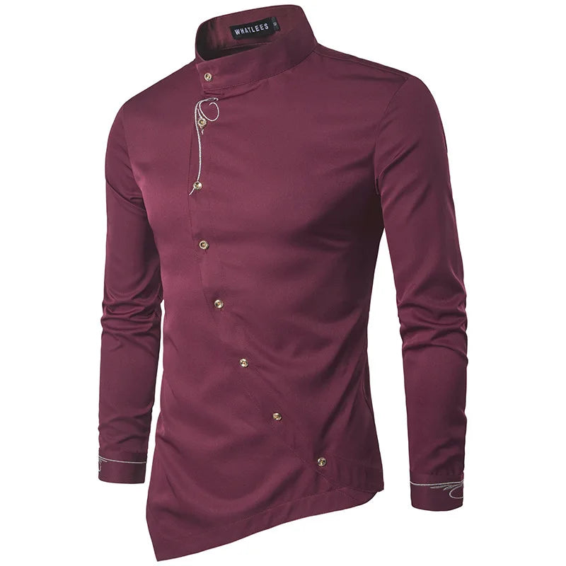 2025 Men's Oblique Button Dress Shirt High Quality Long Sleeve Slim Embroidery Shirts Men Stand Collar Business Wedding Camisas