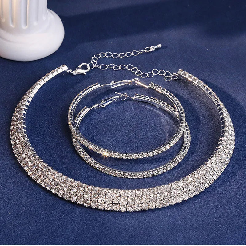 Fashion Crystal Necklace Earrings Set For Women Shining Chunky Necklace Big Hoop Earrings Sets Jewellery Women Wedding  Jewelry