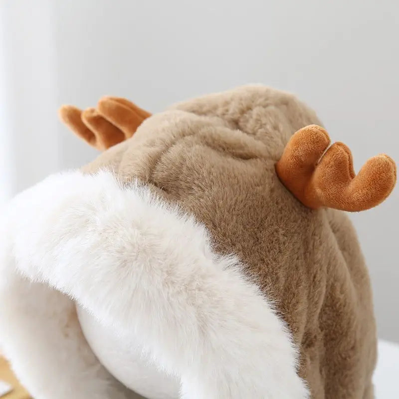 Winter Kids Hat for Boy Girl Cartoon Deer Antler Scarf One-Piece Faux Fur Baby Bonnet Thicken Infant Earflap Cute Christmas Gift