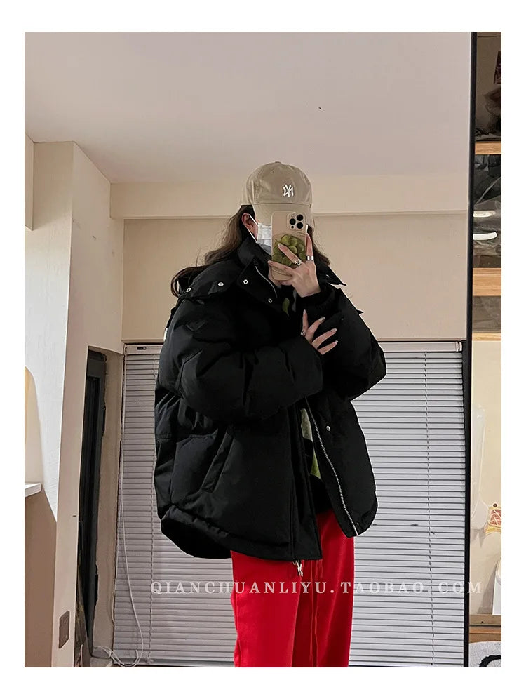 Women's Down Cotton Jacket Hooded Coat Winter Cotton Comfortable Thick Warm Love Embroidery Loose Jacket Snow Coat Clothing