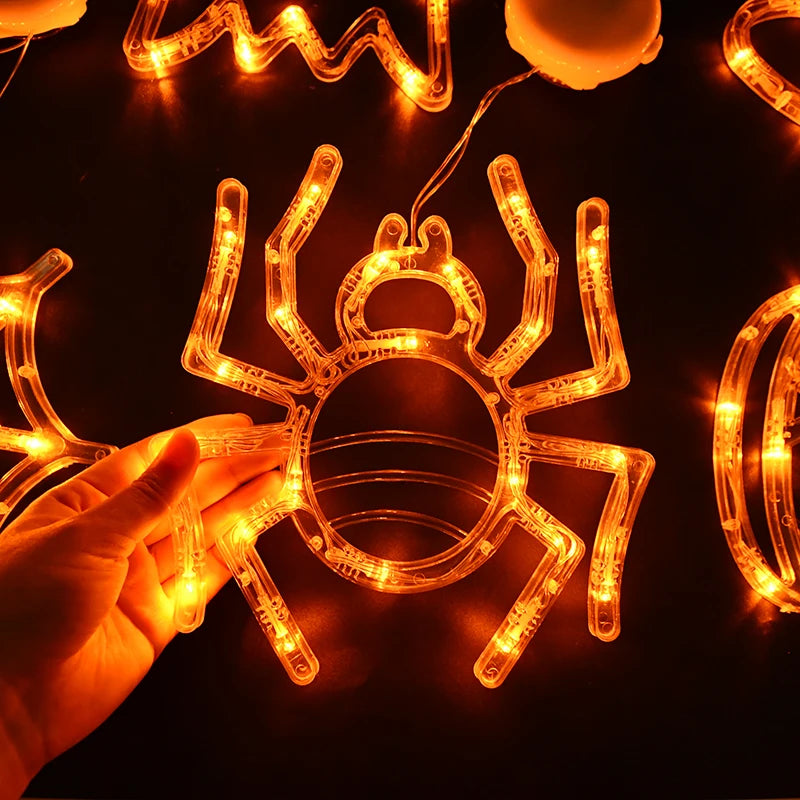 Halloween Orange Window Light Orange Pumpkin Ghost Witch Hat Design LED Sucker Lamp Bar Home Party Hanging Decor Without Battery