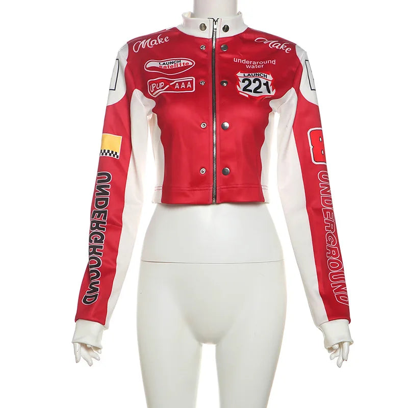 Women Fashion Hipster Pu Leather Jacket Y2K Letter Printed Hipster Motorcycle Jackets Spring Autumn Single-Breasted Casual Coat