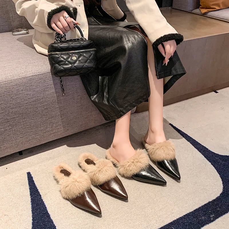 2025 New Shoes for Women House Slippers Platform Fur Flip Flops Slides Loafers Cover Toe Low Plush New Flat Basic Женская Обувь