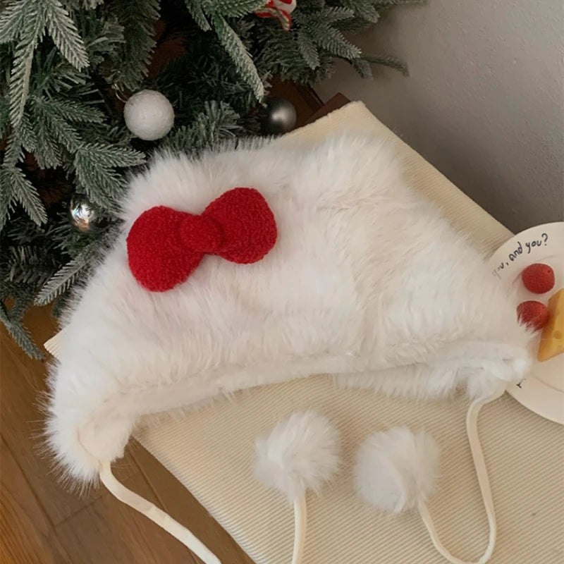 Korean Autumn Winter Cute White Cat Red Bow Plush Hat Girls Fashion Warm Hats Anti-freeze Ear Caps Outdoor for Women Gifts