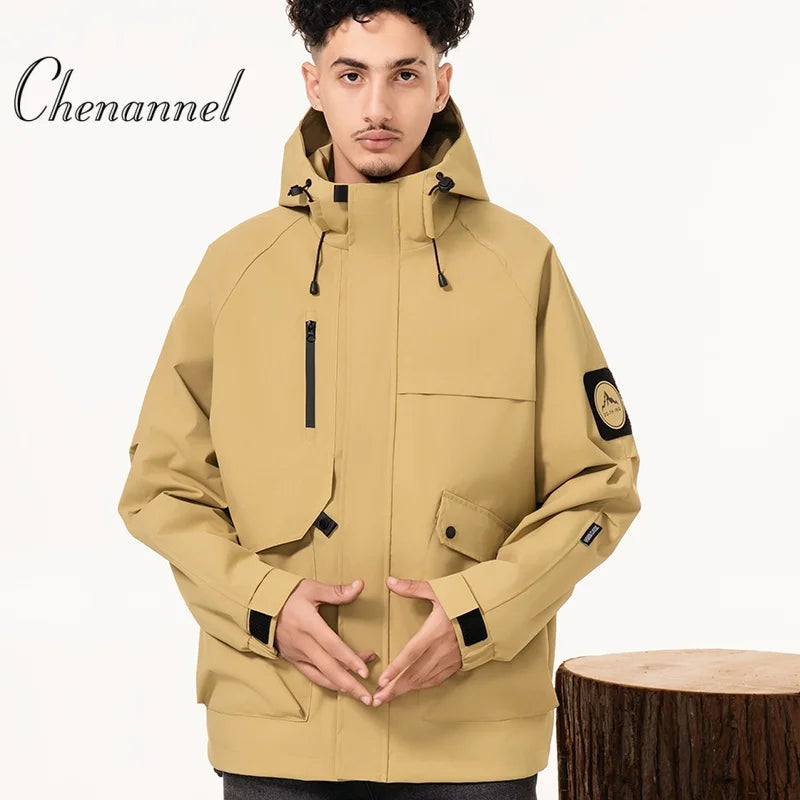 Men's workwear down jacket, American color-blocked hooded jacket for autumn and winter, cool and casual coat for teenagers