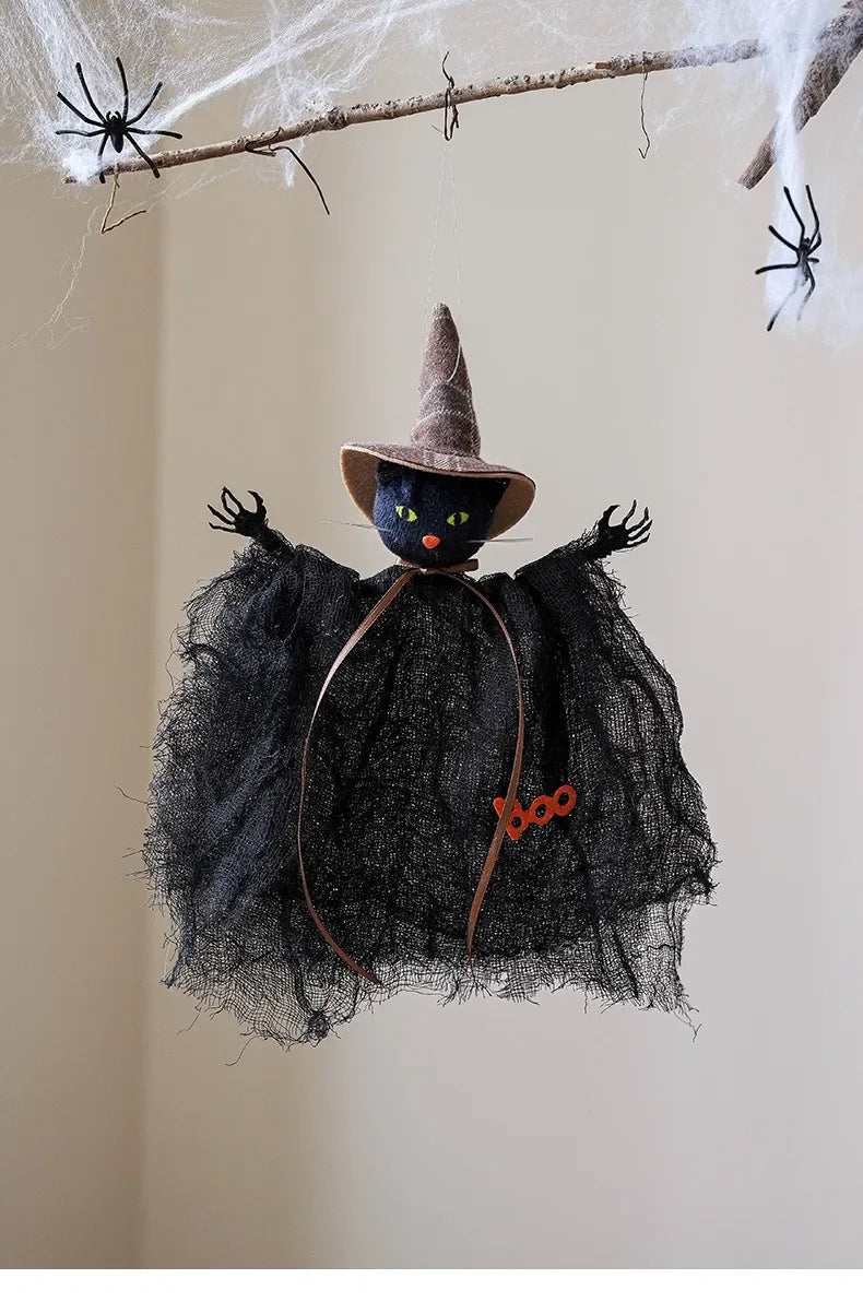 Halloween Party Decoration Mesh Pumpkin Boo Black Hat Witch Doll Ghost Pendants Happy Halloween Day 2025 Haunted House Favor