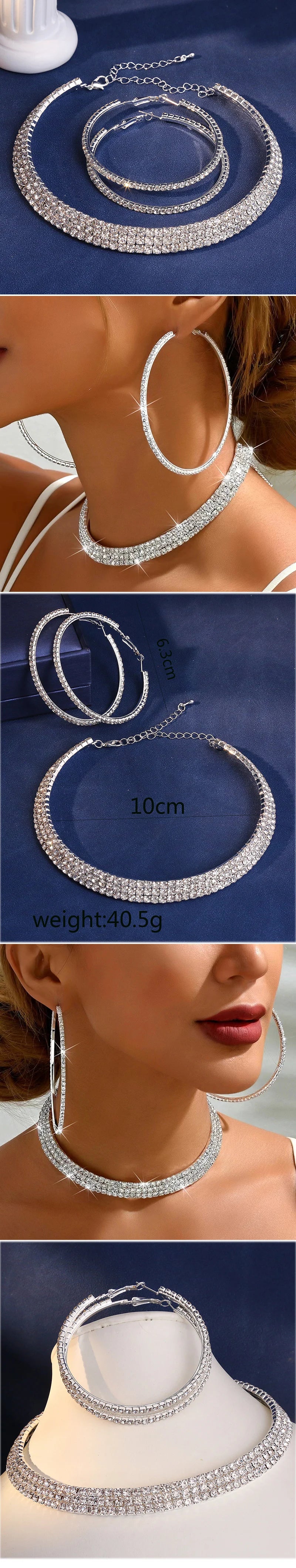 Fashion Crystal Necklace Earrings Set For Women Shining Chunky Necklace Big Hoop Earrings Sets Jewellery Women Wedding  Jewelry