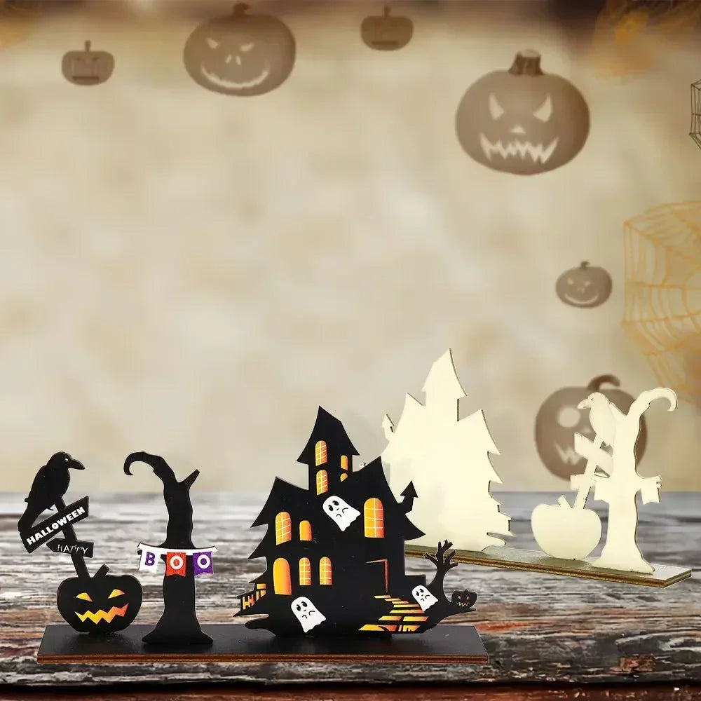 Halloween Pumpkin Ghost Plaque Wooden Castle Decor Desktop Ornaments Trick or Treat Happy Halloween Party Home Decoration