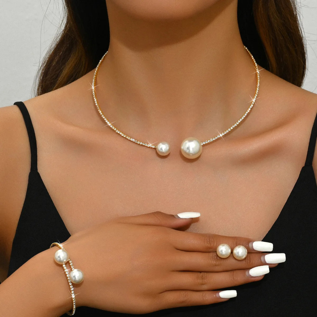 Fashionable Classic Wedding Party Jewelry Sets for Women Pearl Rhinestones Choker Necklace Earrings Bracelet Jewelry Sets