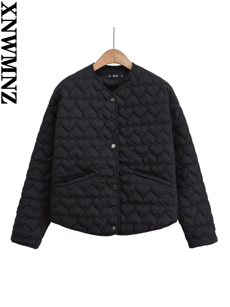 Women Heart Padded Jackets Autumn Winter Long Sleeve Round Neck Coats Solid Color Outerwear Female Warm Parkas Chic Streetwear