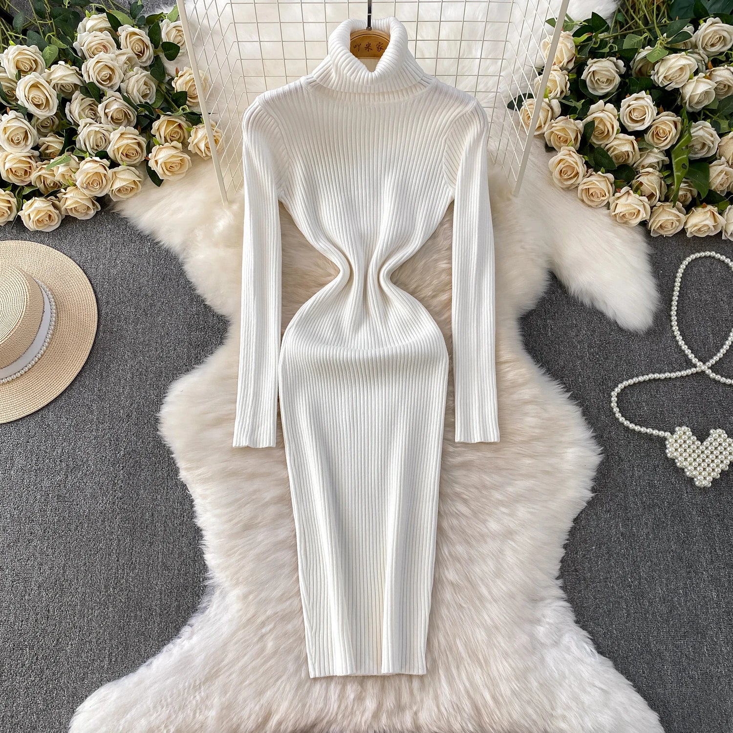 Women Winter Turtleneck Knittign Dress Stretch Slim Long Sleeve Soft Knitwear Dresses Female Casual Lining Simple Bottom Vestido