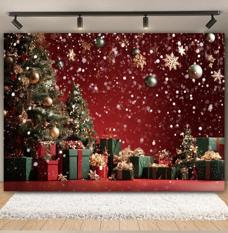 Christmas Day Decor Backdrop for Photography Xmas Tree Red Room Wall Glitter Gift Family Holiday Portrait Decor Photo Background