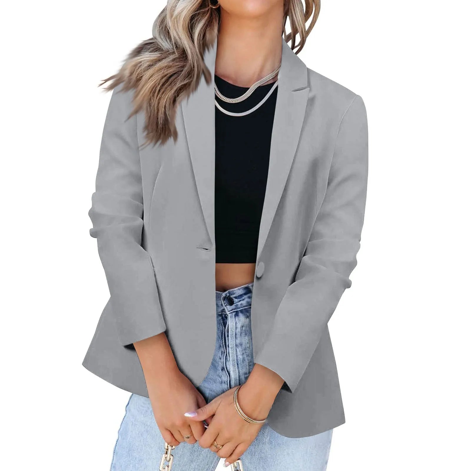 Casual Suit Jacket for Women Fashion Solid Color Long-sleeved Suit Collar Blazer Business Casual Single-button Cardigan Jacket