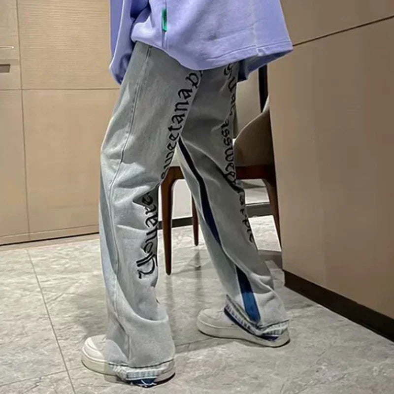 Man Fashion Casual Jeans Male Hip-hop Chic Loose Straight Leg Brand Retro Streetwear Pants Letter Print Goth Punk Baggy Trousers