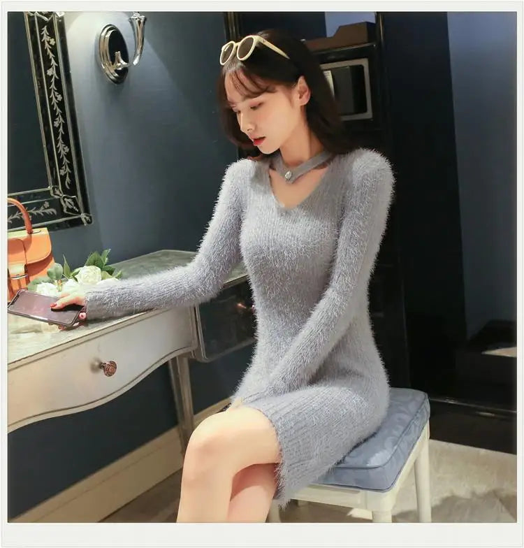 Women's Autumn Winter y2k Dresses Casual Korean Fashion Clothing Slim Mini Sweater Dress White Black Knitted Bodycon Vestidos