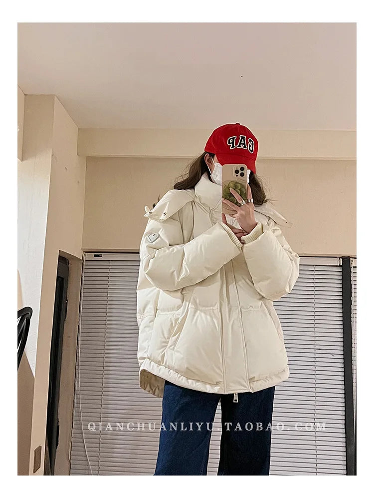 Women's Down Cotton Jacket Hooded Coat Winter Cotton Comfortable Thick Warm Love Embroidery Loose Jacket Snow Coat Clothing