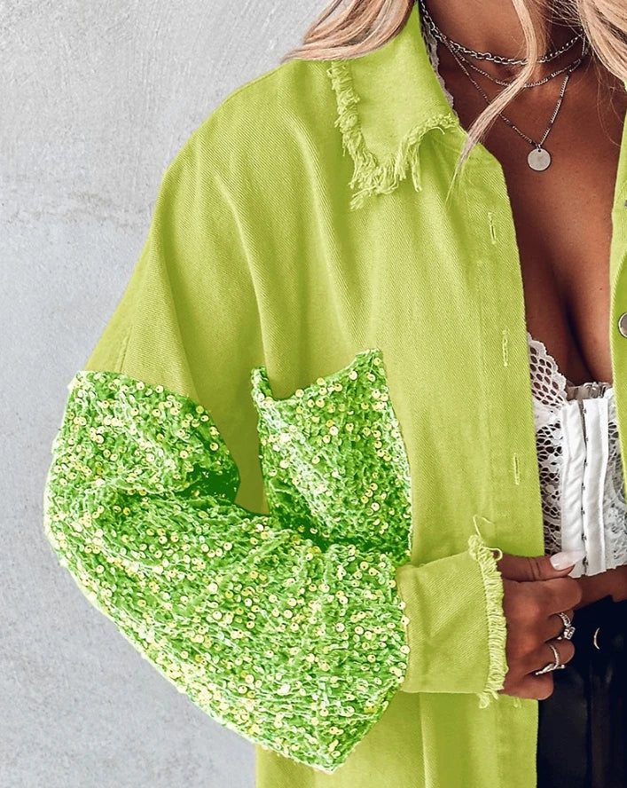 Women Jacket 2024 Spring Fashion Contrast Sequin Raw Hem Pocket Casual Turn-Down Collar Long Sleeve Daily Long Shacket