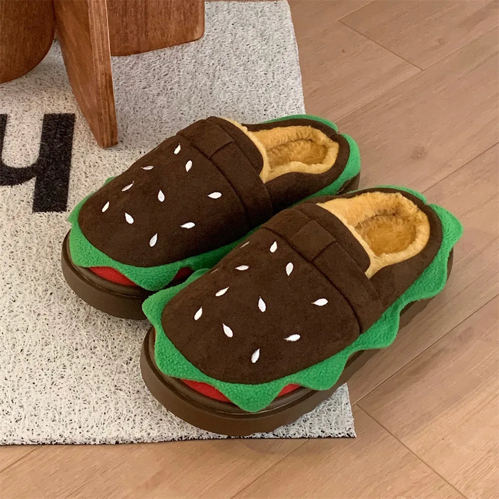Women's Home Slippers Winter Warm Fuzzy Hamburger Slippers Funny Cute Indoor Rug Flat-Soled Home Shoes Plush Home Slippers