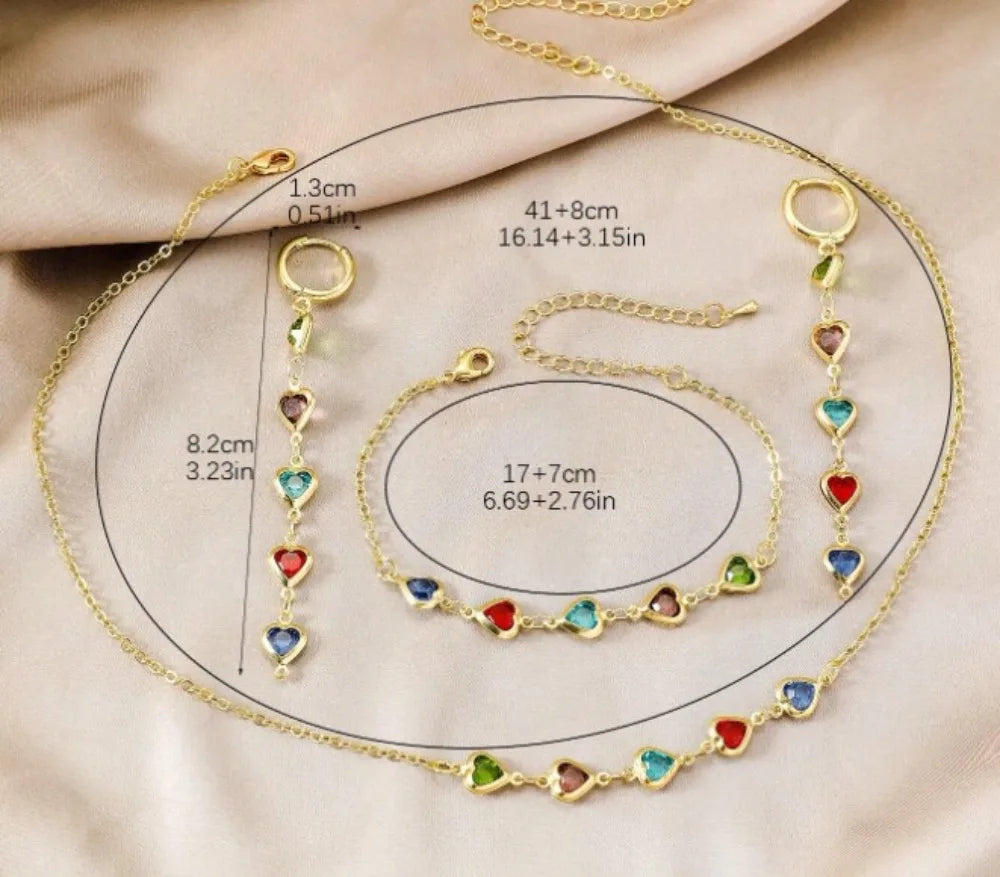 3Pcs Jewellery Set Elegant Colorful Crystal Heart Necklaces Bracelets Earrings for Women Party Wedding Girl Wrist Jewelry Gift