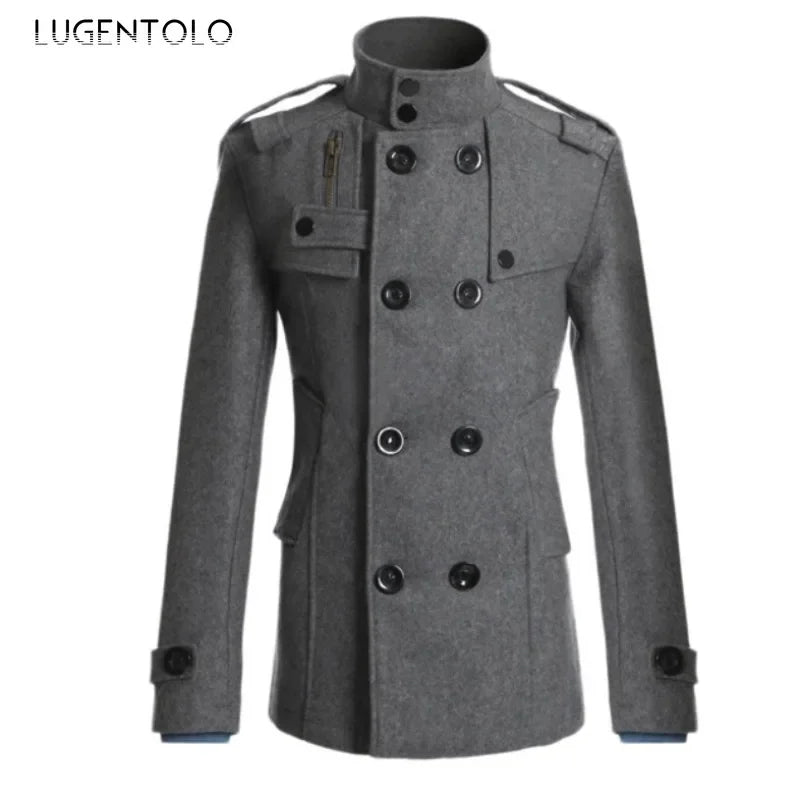 Men Casual Jacket Fall-Winter Outdoor Warm Windbreaker Fashion Lapel Double Breasted Gentleman Coat Daily Versatile Clothing