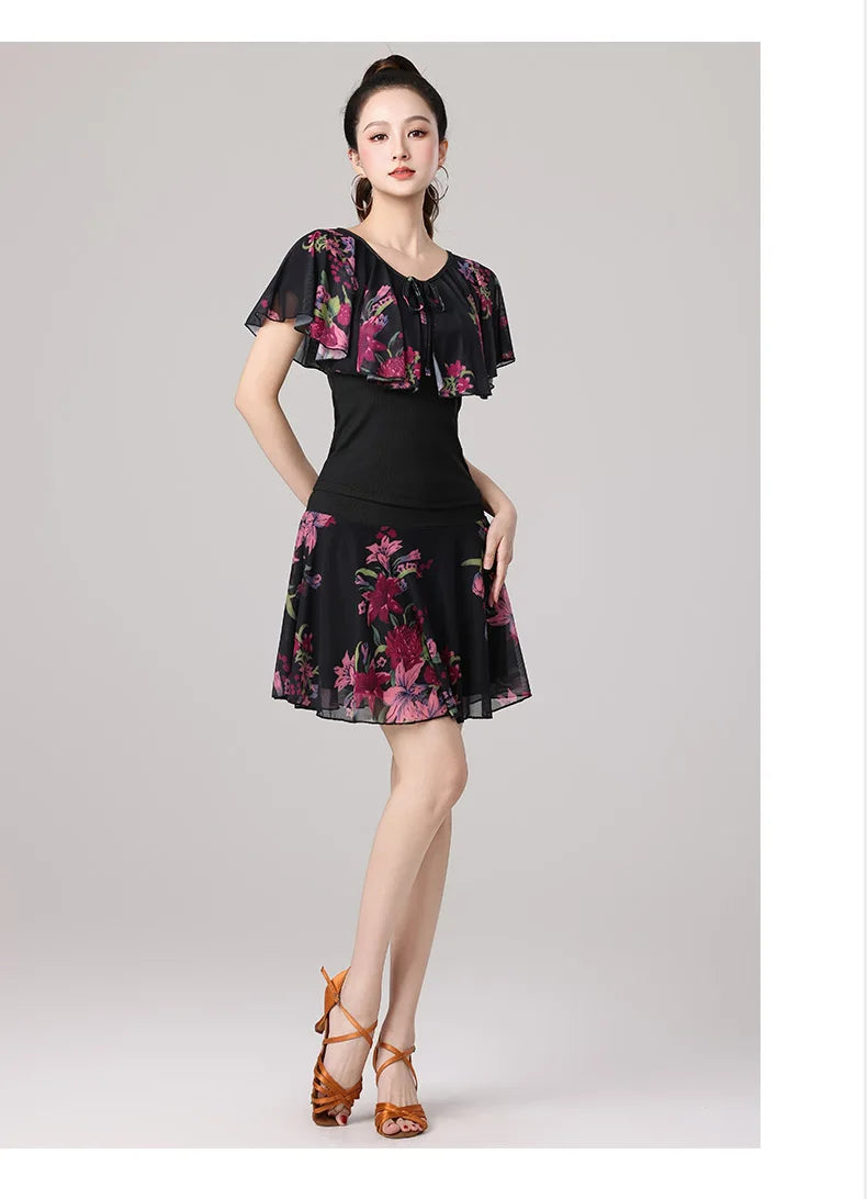 Women Samba Latin Dance Practice Suit Summer New Net Yarn Printed Modern Dance Performance Costume Square Modern Evening Dresses