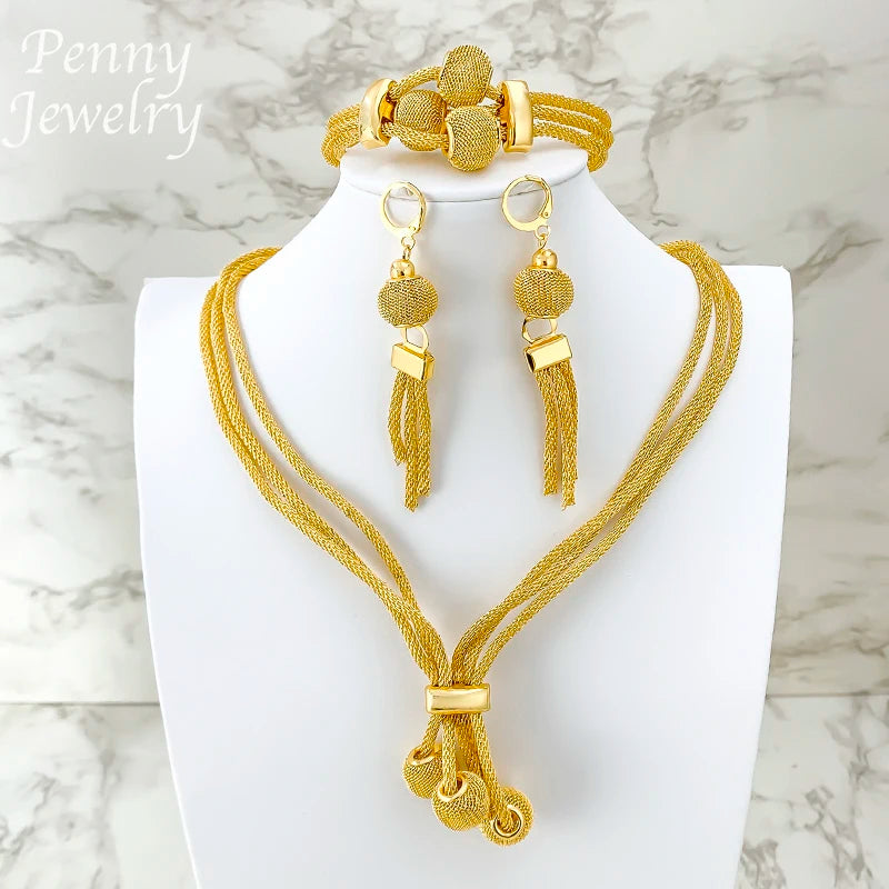 Daily Wear Exquisite Jewelry Set for Women Necklace Earrings Bracelet Dubai Gold Plated Jewellery for Banquet Party Wedding Gift