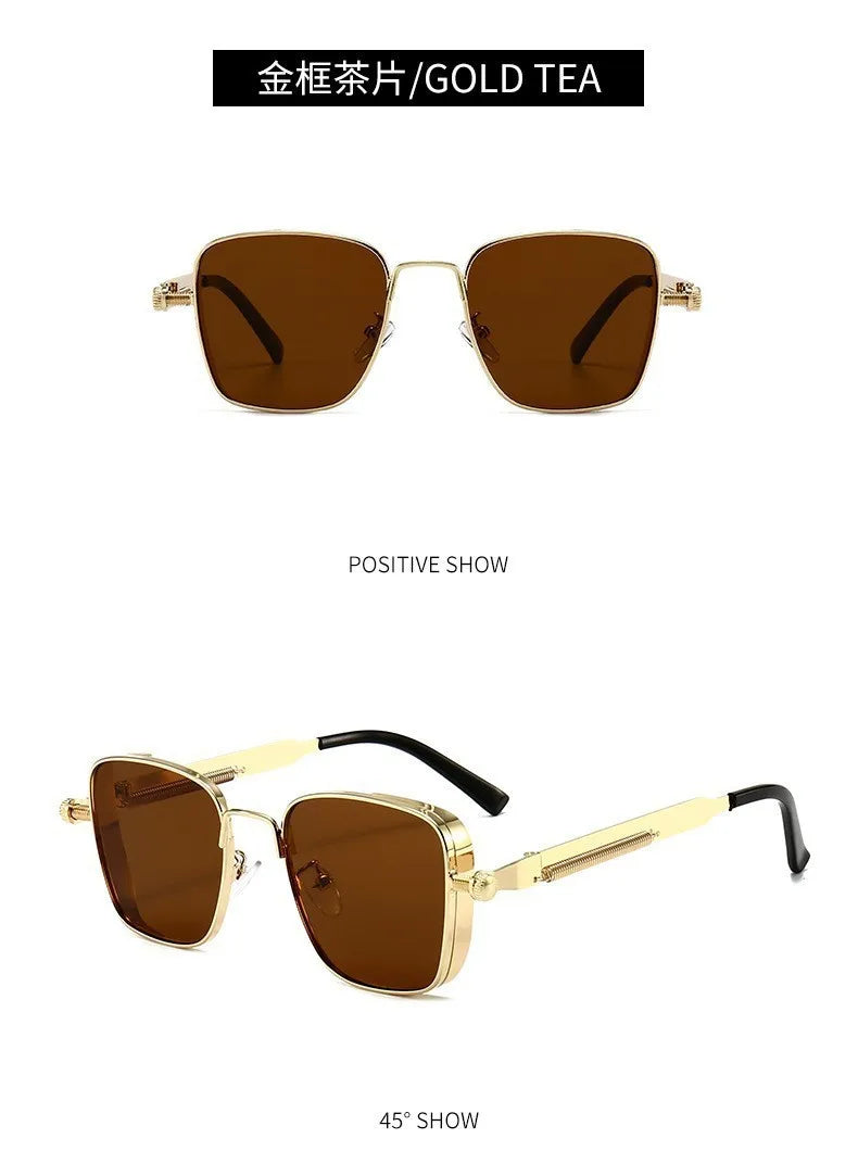 Men Driving Sunglasses Vintage Steampunk Square Sunglasses Metal Frame with Spring Hinges Women Eyepiece Trendy Driver Glasses