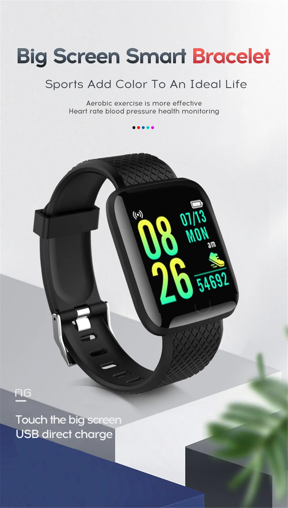 Smart Watch Sport Fitness Bracelet Control Music Message Display Pedometer Bluetooth Connect Smartwatch 116 Alarm Clock Weather