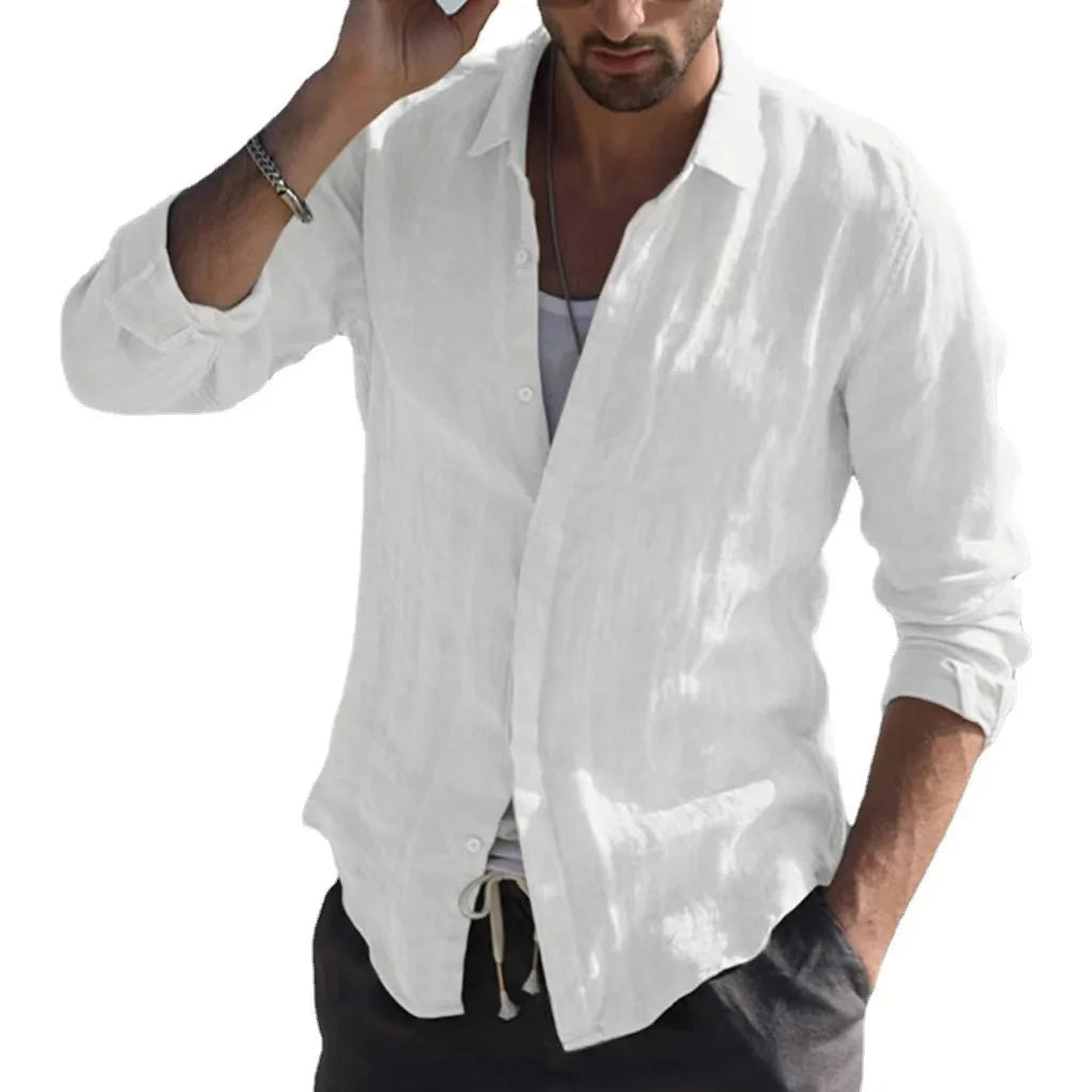 Men's Shirt Long-sleeved White Button Casual Top Simple Youth Black Blouses for Male