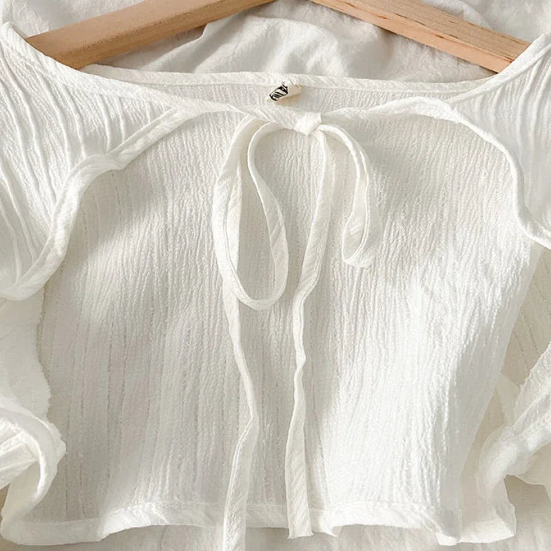 Women's Jackets Chic Folds Designer Summer Lace-up Crop Jacket Vintage Fashion Temper Sweet Girlish Long Sleeve Sun-proof Coat