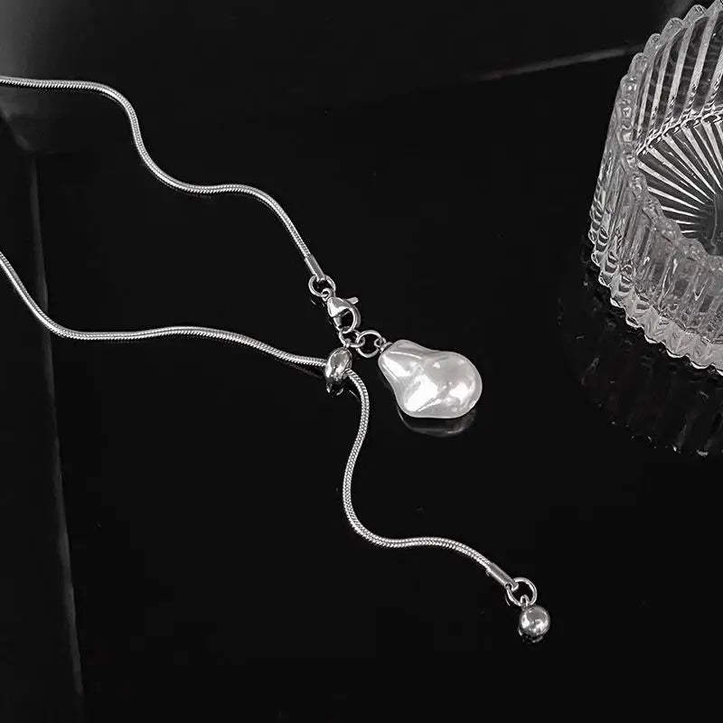 For Women Adjustable Chain Sweater Accessories Fashion Jewelry Stainless Steel Pearls Long With Baroque Pearls Necklace