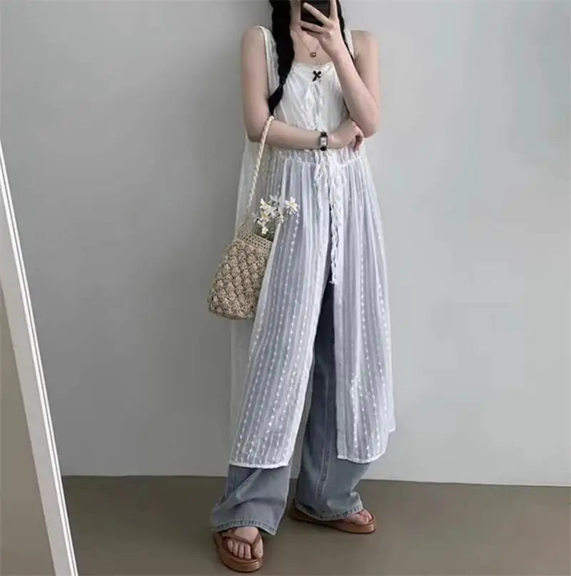 Embroidered Dress for Women in Summer Thin Lace up Layered Vest Long Cover Skirt