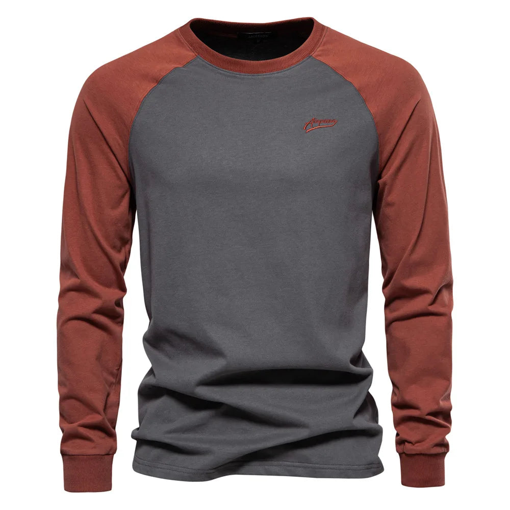 Men's T-shirts 100% Cotton Long Sleeve O-neck Pactwork Casual T shirts for Men New Spring Autumn Designer Tees Men Clothing