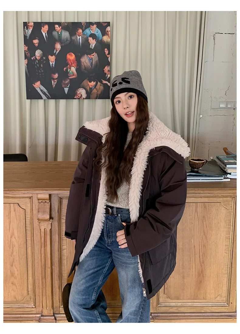 Women Parkas Short Coats Jackets Turn Down Collar Thick Warm Y2k Streetwear Elegant Jacket Work Coat Autumn Winter 2025
