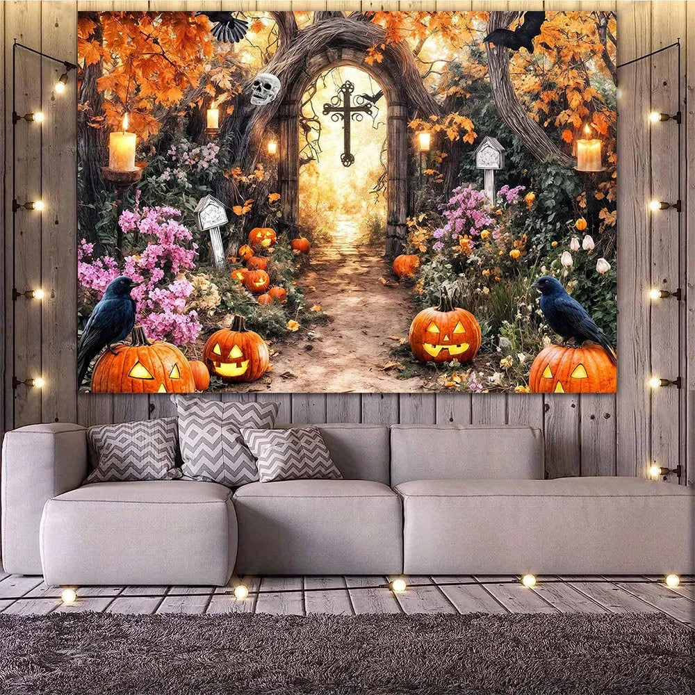 Halloween Magical Forest Background - Terrifying Skeleton, Pumpkin, and Haunted House Scenes with Candles and Skull Heads