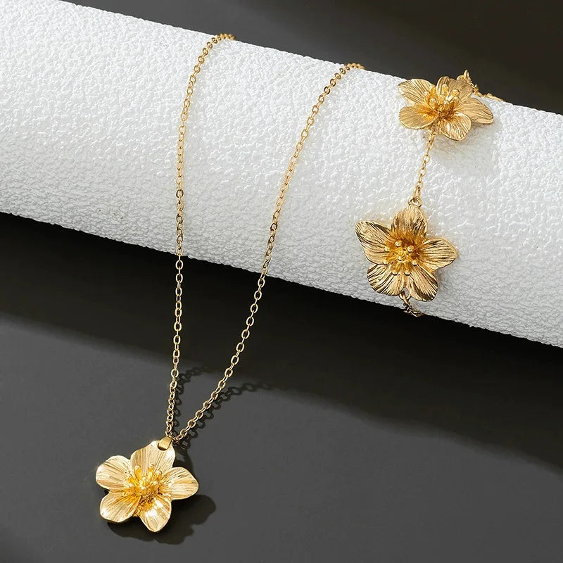 Fashionable And Elegant Jewelry Set, Flower Pendant Necklace, Bracelet, Earrings, Simple Five-Petal Flower Choker Necklace