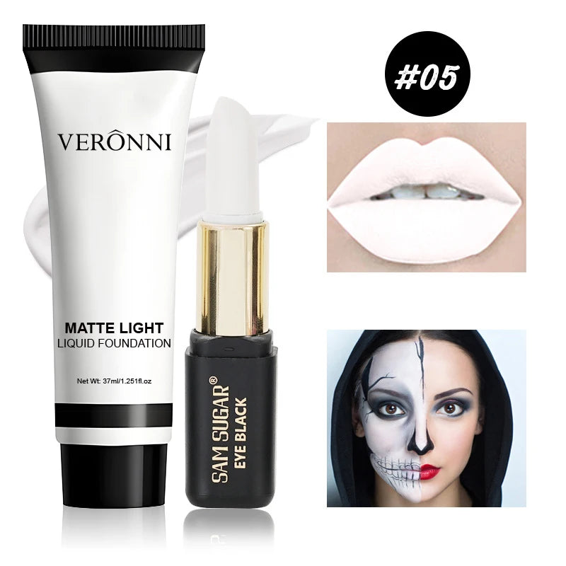 Halloween Dark Makeup Matte LipstickWhite Liquid Foundation Face Body Painting Base for Cosplay Mardi Gras Carnival Natural Look