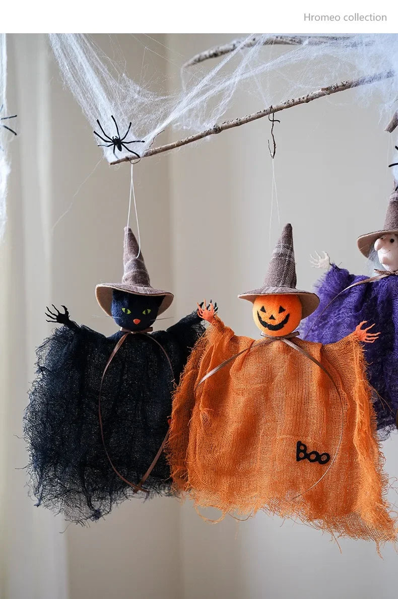 Halloween Party Decoration Mesh Pumpkin Boo Black Hat Witch Doll Ghost Pendants Happy Halloween Day 2025 Haunted House Favor