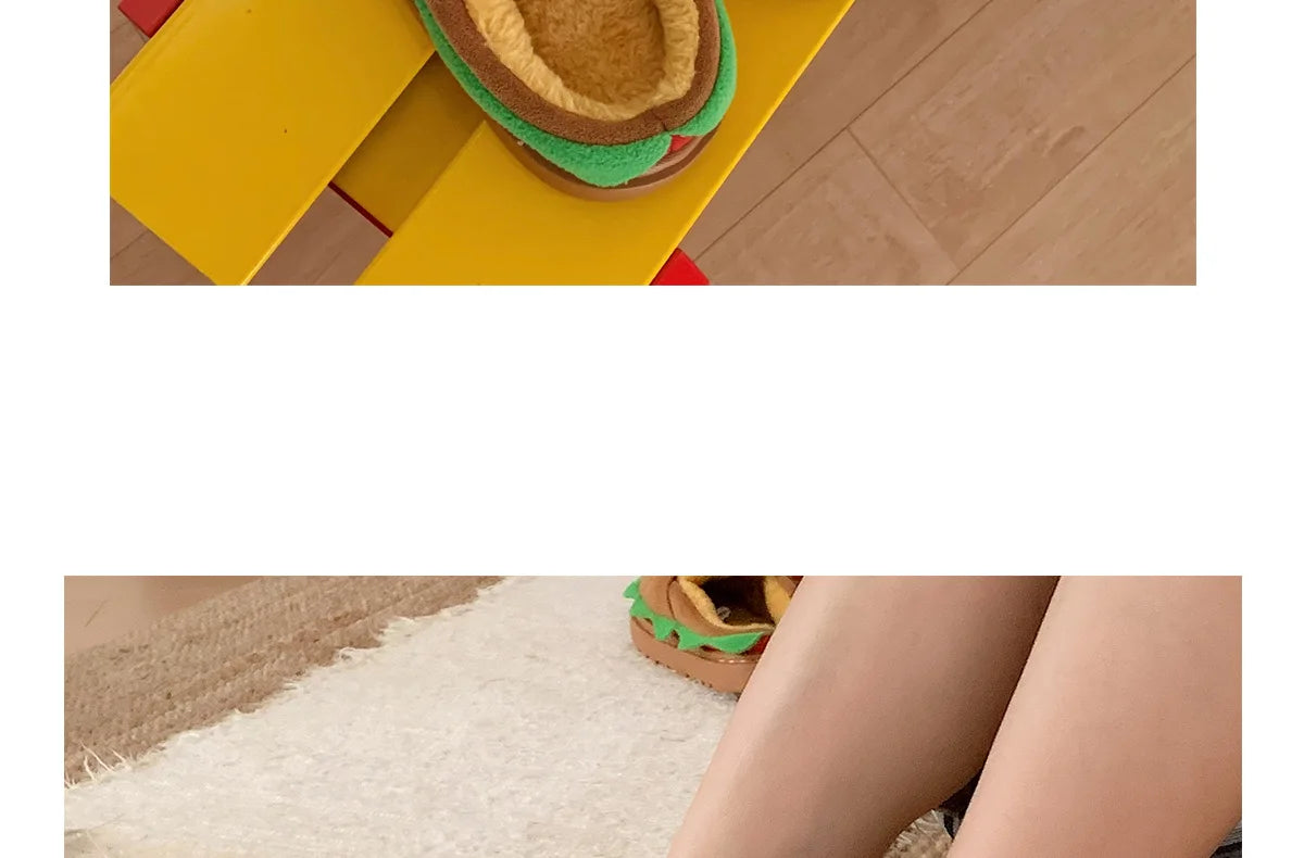 Women's Home Slippers Winter Warm Fuzzy Hamburger Slippers Funny Cute Indoor Rug Flat-Soled Home Shoes Plush Home Slippers