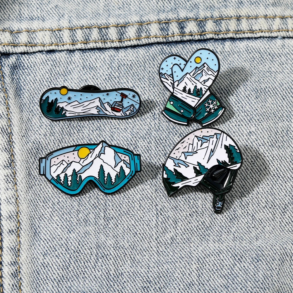 Winter Skiing Equipment Design Enamel Pins Snow Mountain Pattern Snowboard Helmet Snow Goggles Glove Shaped Brooches