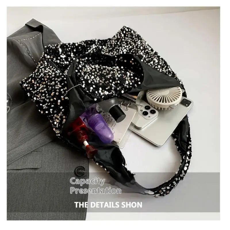 Large capacity commuting bag for women, new popular single shoulder underarm bag, versatile, high-end texture sequin flash tote