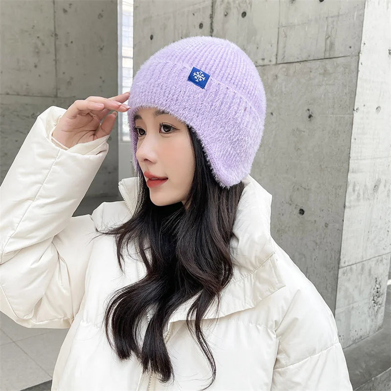 Winter Women Earflap caps Snowflake knitted hats Ear protection hats  Adult Ladies casual mohair beanie cap Gorros