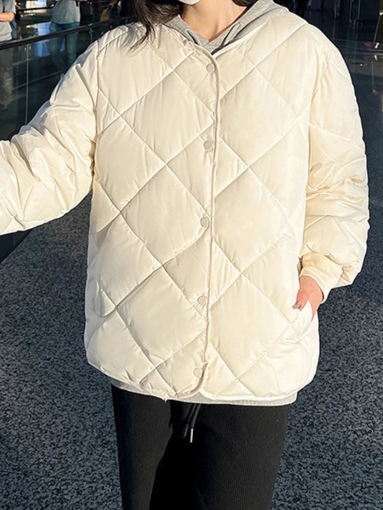 New in Winter Cotton-Padded Jacket for Women New Versatile Lightweight Rhombus Plaid Cotton-Padded Jacket Simple and Stylish