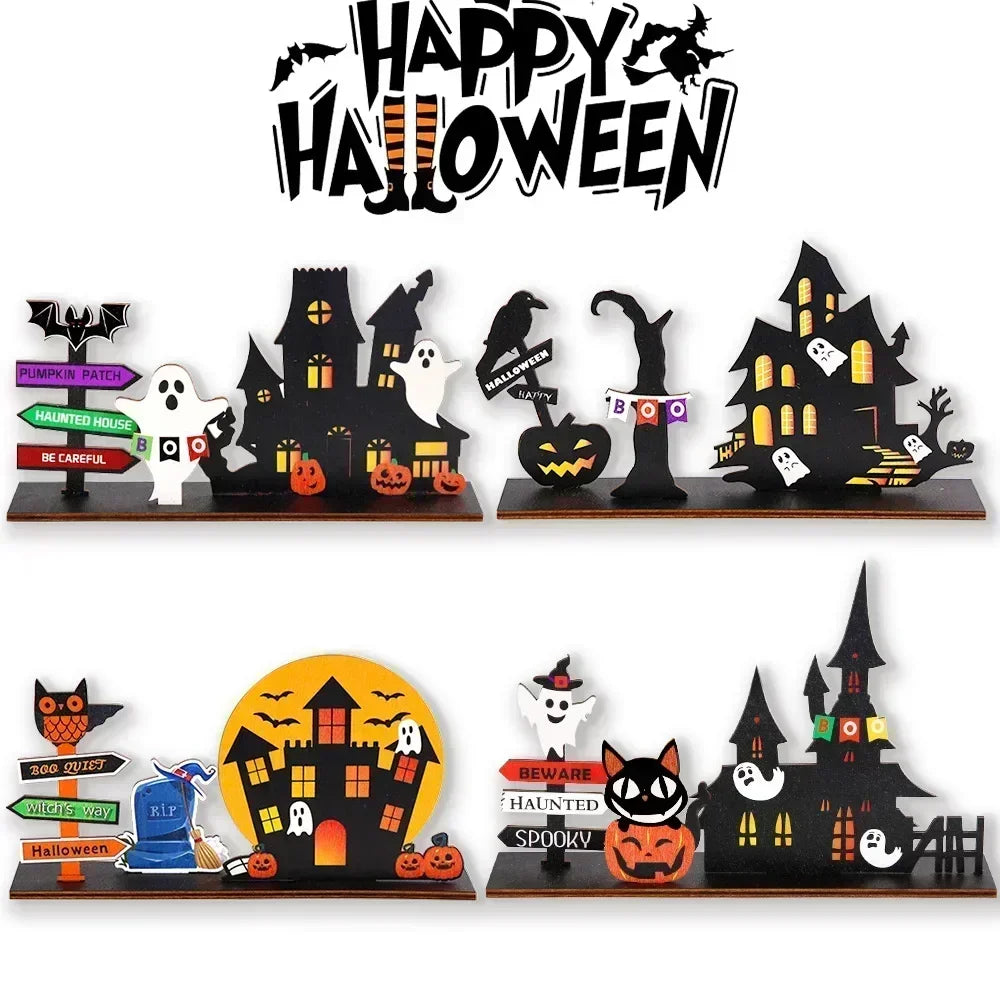 Halloween Pumpkin Ghost Plaque Wooden Castle Decor Desktop Ornaments Trick or Treat Happy Halloween Party Home Decoration