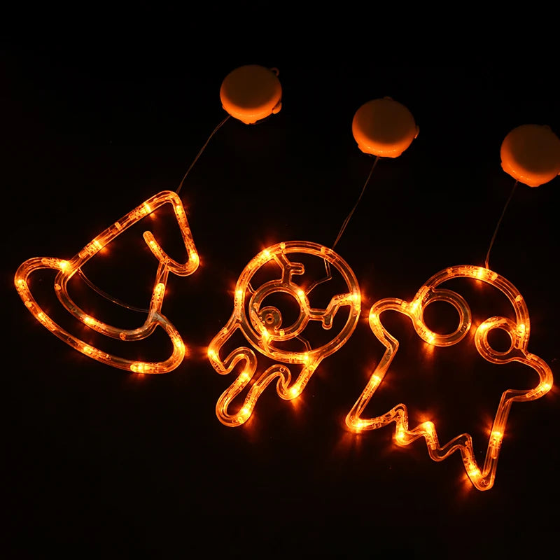 Halloween Orange Window Light Orange Pumpkin Ghost Witch Hat Design LED Sucker Lamp Bar Home Party Hanging Decor Without Battery