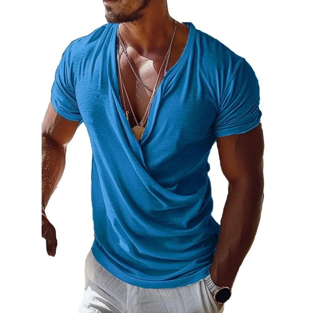 Men T-shirt V-neck Short Sleeve Casual Tops Loose Fit Solid Color Breathable Fabric Pullover Tops Home Gym Street Wear