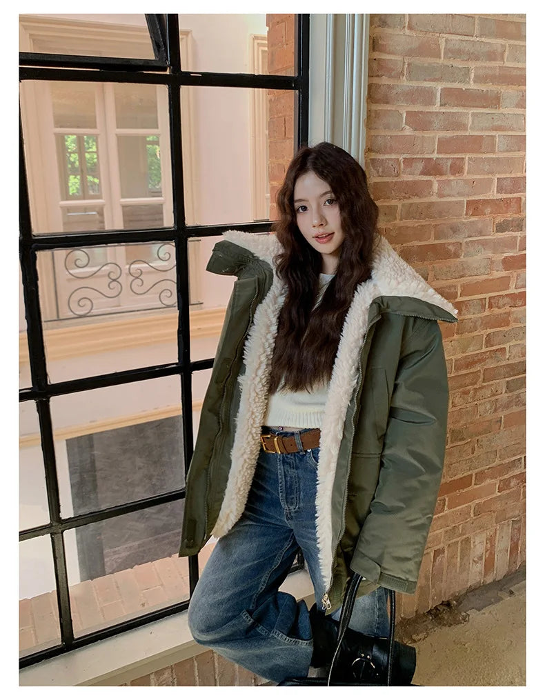 Women Parkas Short Coats Jackets Turn Down Collar Thick Warm Y2k Streetwear Elegant Jacket Work Coat Autumn Winter 2025