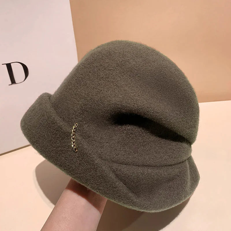 Winter Hat for Women Soft Warm Wool Cap Adjustable Ladies Beanie Cloche Bucket Hat Crushable Ski Hat Upturn Brim Church Hat
